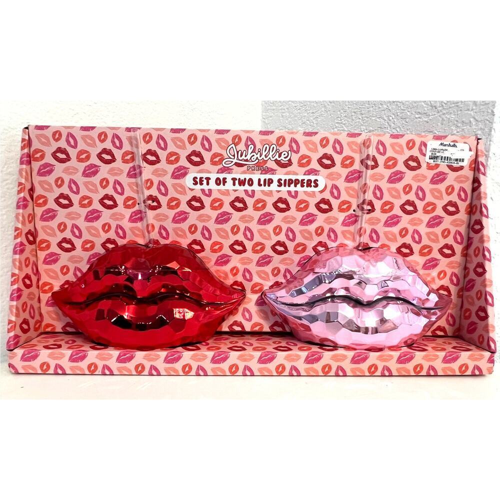 Lip Sippers Valentine's Day Novelty Glasses‎  - Kiss Mirrored Lips w/ Straw NWT